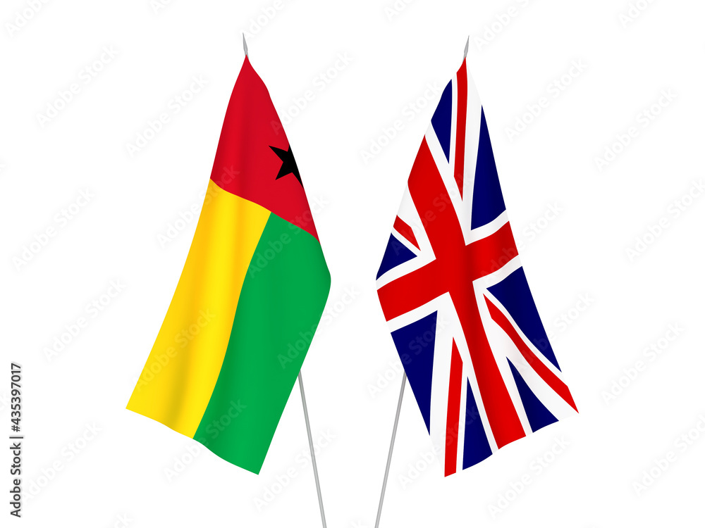 National fabric flags of Great Britain and Republic of Guinea Bissau isolated on white background. 3d rendering illustration.