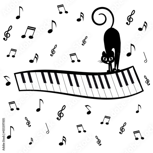 Gato negro subido en teclado de piano y notas musicales.