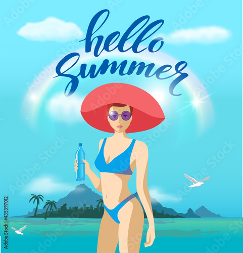 Beautiful young woman in a swimsuit and a big hat on the beach. Hello summer. Beach party banner  sea background with palm. Bikini girl on the sea beach. Vector illustration