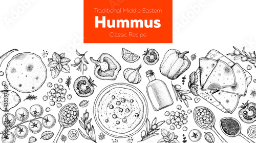 Hummus cooking and ingredients for hummus, sketch illustration. Middle eastern cuisine frame. Healthy food, design elements. Hand drawn, package design. Middle eastern food.