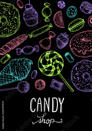 Set of sweets. Hand drawn vector illustration. Candies set. Vector illustration in neon style. Sketch illustration.