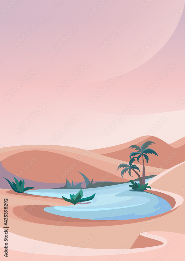 Lake in middle of desert. Nature landscape in vertical orientation.