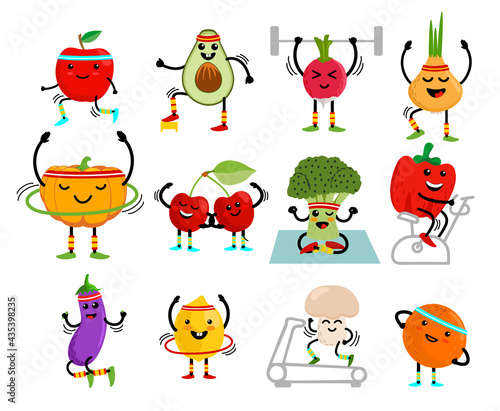 Set of cute fruits and vegetables go in for sports. Fruits and vegetables cartoon characters. Healthy eating and fitness. Cute food cartoon character set. Vector illustration
