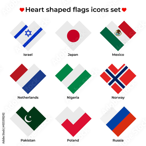 Heart shaped flags icons set. Flag icon in simple rectangular heart shape, flat style. Vector icon, symbol. I love israel, japan, mexico, netherlands, nigeria, norway, pakistan, poland, russia Free Download Heart shaped flags icons set. Flag icon in simple rectangular heart shape, flat style. Vector icon, symbol. I love israel, japan, mexico, netherlands, nigeria, norway, pakistan, poland, russia - GFXLoad