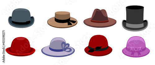 Flat vector set of male and female hats. Stylish hats for men and women. Different men s and women s hats for different seasons and weather. Fashion theme vector illustration in flat style.