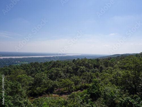Amazing bird's-eye view mountain scenery of summer, blue sky, forest near .Mekong River in Thailand.