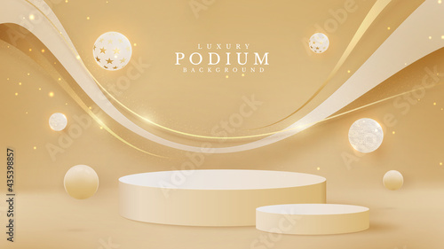 Realistic cream color product podium with golden lines sparkle and elegant ball. Luxury 3d style background concept. Vector illustration for promoting sales and marketing.