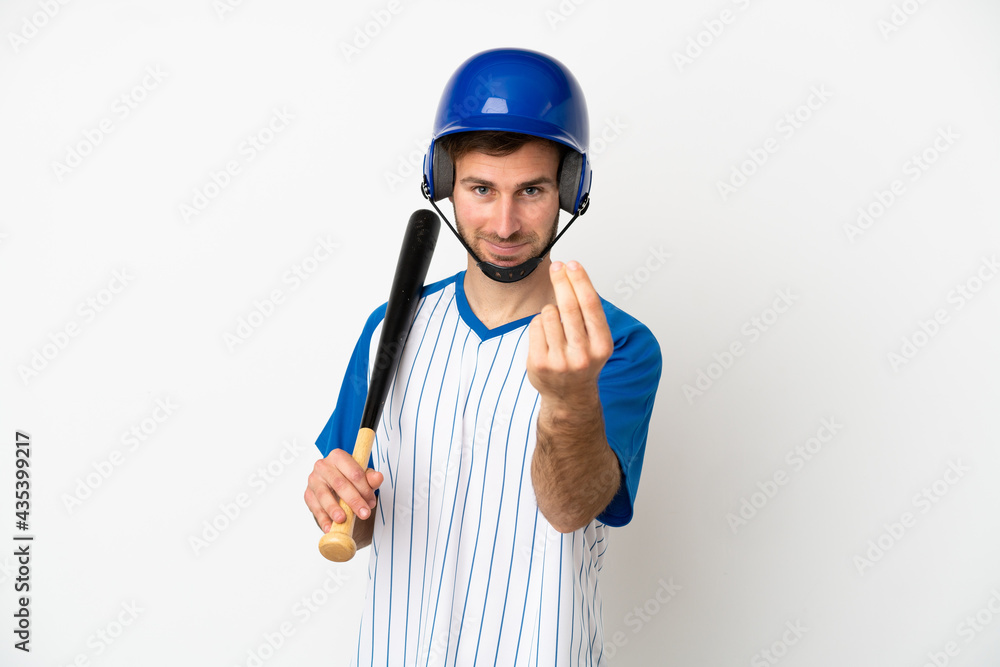 Young caucasian man playing baseball isolated on white background making money gesture Young caucasian man playing baseball isolated on white background making money gesture