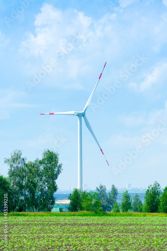 many windmills stand on a large field spinning in the day against a sunset orange sky. Alternative Energy Concept