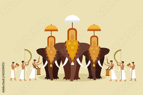 Illustration of elephant pageant with people playing percussion instruments. A scene from Kerala's religious festival 