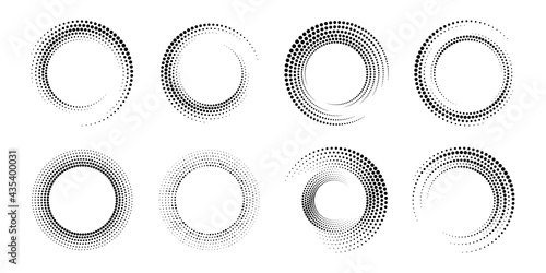 Set circle spiral. Rotate dot frame. Futuristic ring with effect halftone. Border ripple. Abstract faded circle. Semitone dots. Arc shape spin round. Circular radial boarder. Swirl patern. Vector 