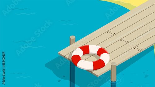 red white lifebuoy lies on old wooden pier. Safety at sea. Safe summer vacation. Cartoon vector