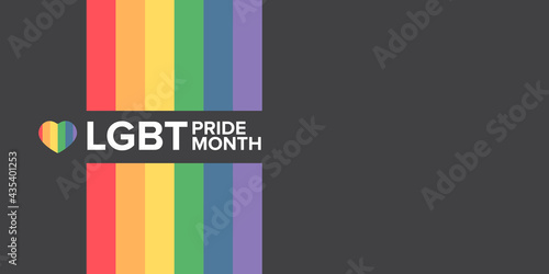 Happy pride month horizontal banner with pride color striped ribbon flag isolated on grey background. LGBT Pride month or pride day poster, flyer, invitation party card modern style design template.
