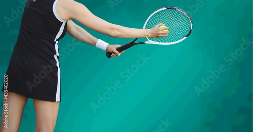 Composition of female tennis player with tennis racket and ball with copy space