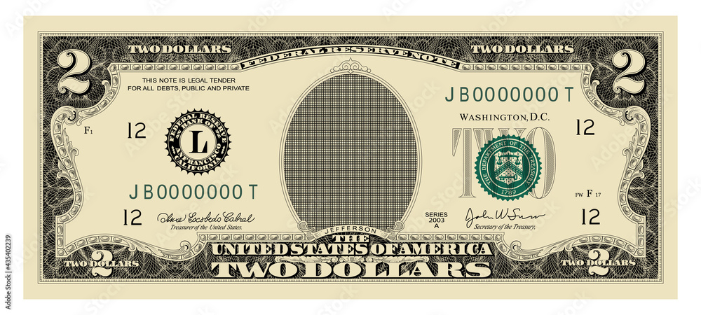 US Dollars 2 banknote -American dollar bill cash money isolated on white background. - obrazy, fototapety, plakaty 
