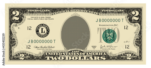 US Dollars 2 banknote -American dollar bill cash money isolated on white background. photo