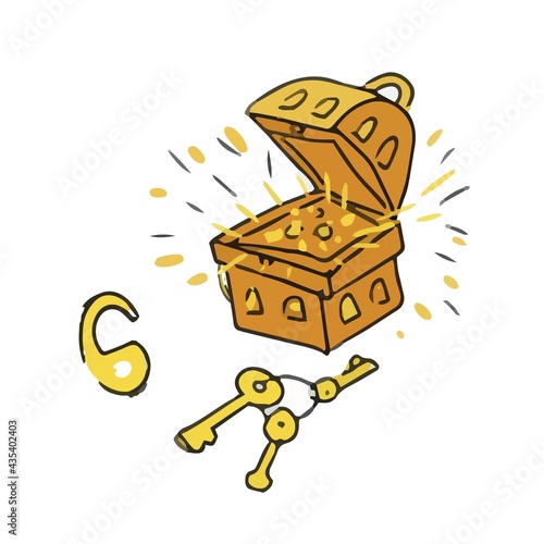 Treasure chest with jewels key lock fairy tale princess castle doodle stickers for girls vector illustration hand drawn textile print. Vivid pictures