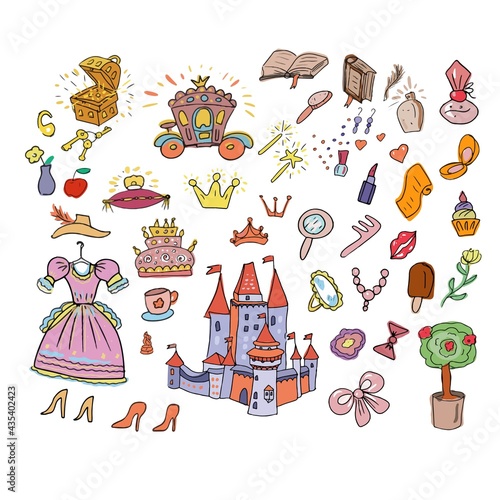 Princess castle doodle stickers for girls vector illustration hand drawn textile print. Bright pictures big set clipart crown dress decoration carriage