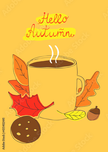 Hand drawn autumn print. Autumn leaves and coffee mug. Inscription 