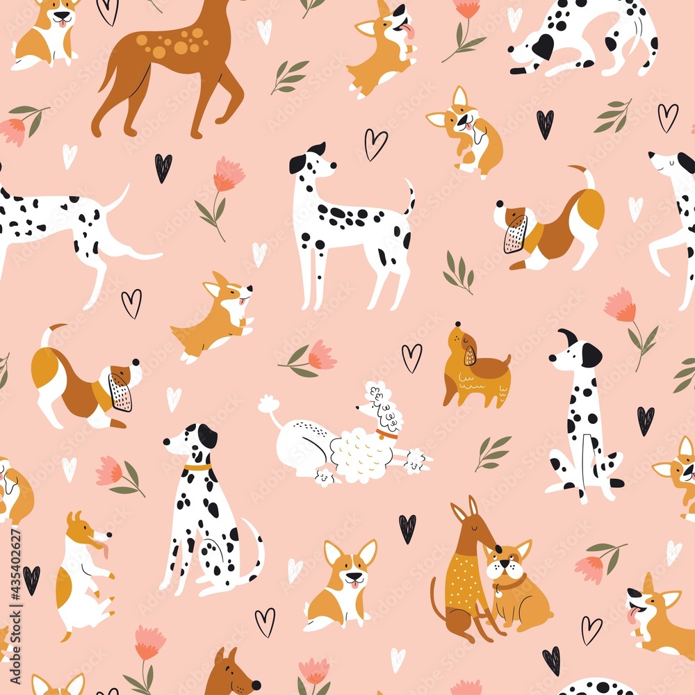 Seamless pattern with funny cartoon dogs. Creative texture in scandinavian style. Great for fabric, textile Vector Illustration Seamless pattern with funny cartoon dogs. Creative texture in scandinavian style. Great for fabric, textile Vector Illustration