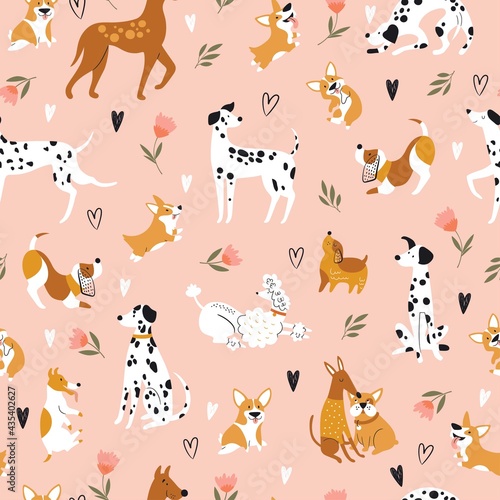Seamless pattern with funny cartoon dogs. Creative texture in scandinavian style. Great for fabric, textile Vector Illustration