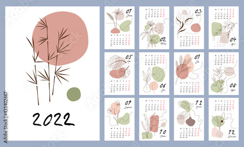 Calendar template for 2022. Vertical design with abstract floral patterns. Editable vector illustration, set of 12 months with cover. Week starts on Monday.