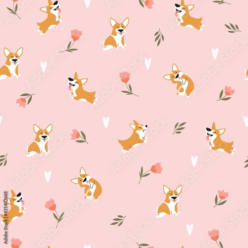 Seamless pattern with funny cartoon corgis dogs. Creative texture in scandinavian style. Great for fabric, textile Vector Illustration