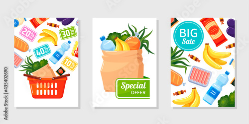 Collection of food sale vertical banner vector flat illustration. Set of promo grocery store