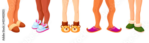 Set diverse legs and slippers vector flat illustration. Family in textile home soft shoes closeup