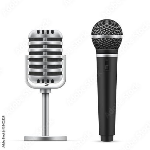 Set realistic microphones vector illustration. Professional or amateur music studio sound equipment