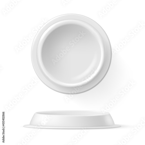 Set of realistic ceramic white pet bowl vector illustration. Utensil for feeding domestic animals