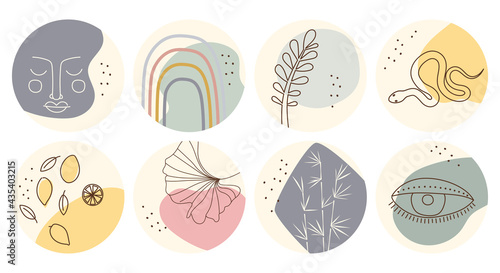 Hand drawn round boho icons and emblems for social media story highlight covers. Set of trendy vector design templates for bloggers, photographers and designers.