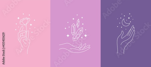 Boho magic doodle set. Bohemian posters, simple line logo icons with hands, crystals, flower, stars. Modern vector illustration