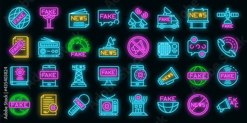 Fake news icons set. Outline set of fake news vector icons neon color on black
