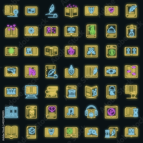 Literary genres icons set. Outline set of literary genres vector icons neon color on black