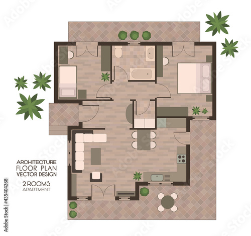 Architectural design, floor plan of a modern 2-bedroom house
