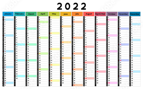 Calendar 2022, daily event planner, vector color illustration
