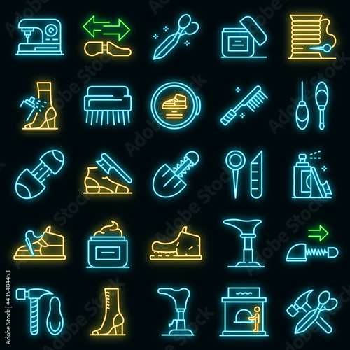 Shoe repair icons set. Outline set of shoe repair vector icons neon color on black