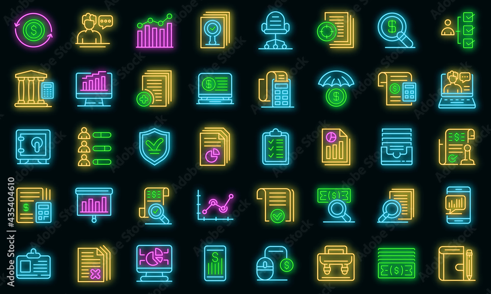 Audit icons set. Outline set of audit vector icons neon color on black Audit icons set. Outline set of audit vector icons neon color on black