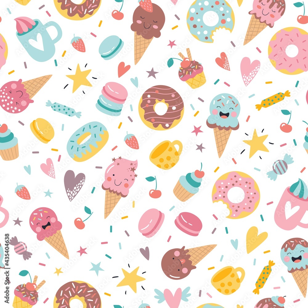 Cute hand drawn ice cream, donuts, cupcakes, candies and sweets seamless pattern background. Creative nursery background. Perfect for kids design, fabric, wrapping, wallpaper, textile, apparel Cute hand drawn ice cream, donuts, cupcakes, candies and sweets seamless pattern background. Creative nursery background. Perfect for kids design, fabric, wrapping, wallpaper, textile, apparel