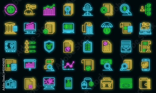 Audit icons set. Outline set of audit vector icons neon color on black
