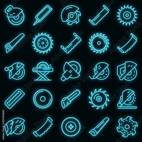 Saw icons set. Outline set of saw vector icons neon color on black