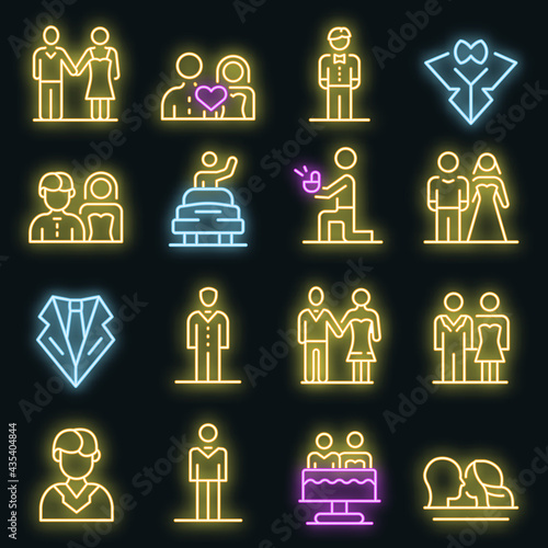 Groom icons set. Outline set of groom vector icons neon color on black