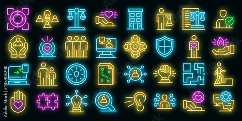 Responsibility icons set. Outline set of responsibility vector icons neon color on black
