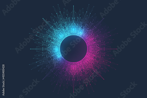 Digital neon color circle with connecting dots and lines in abstract style. Futuristic digital neon frame. Polygonal neon round shape, vector illustration.