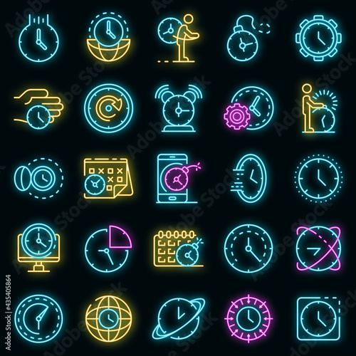 Deadline icons set. Outline set of deadline vector icons neon color on black