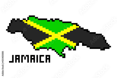 2d 8 bit pixel art Jamaica map covered with flag isolated on white background. Old school vintage retro 80s, 90s platform computer, video game graphics. Slot machine design element. Country geography.