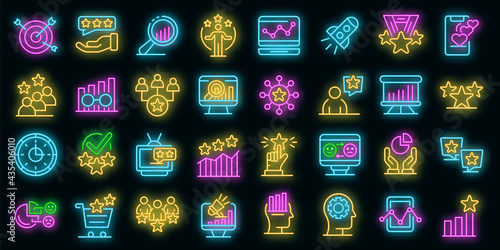 Reputation icons set. Outline set of reputation vector icons neon color on black