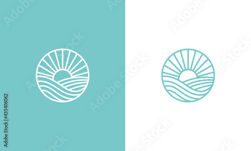 sunset logo design, sunset circular vector design in ocean scenic