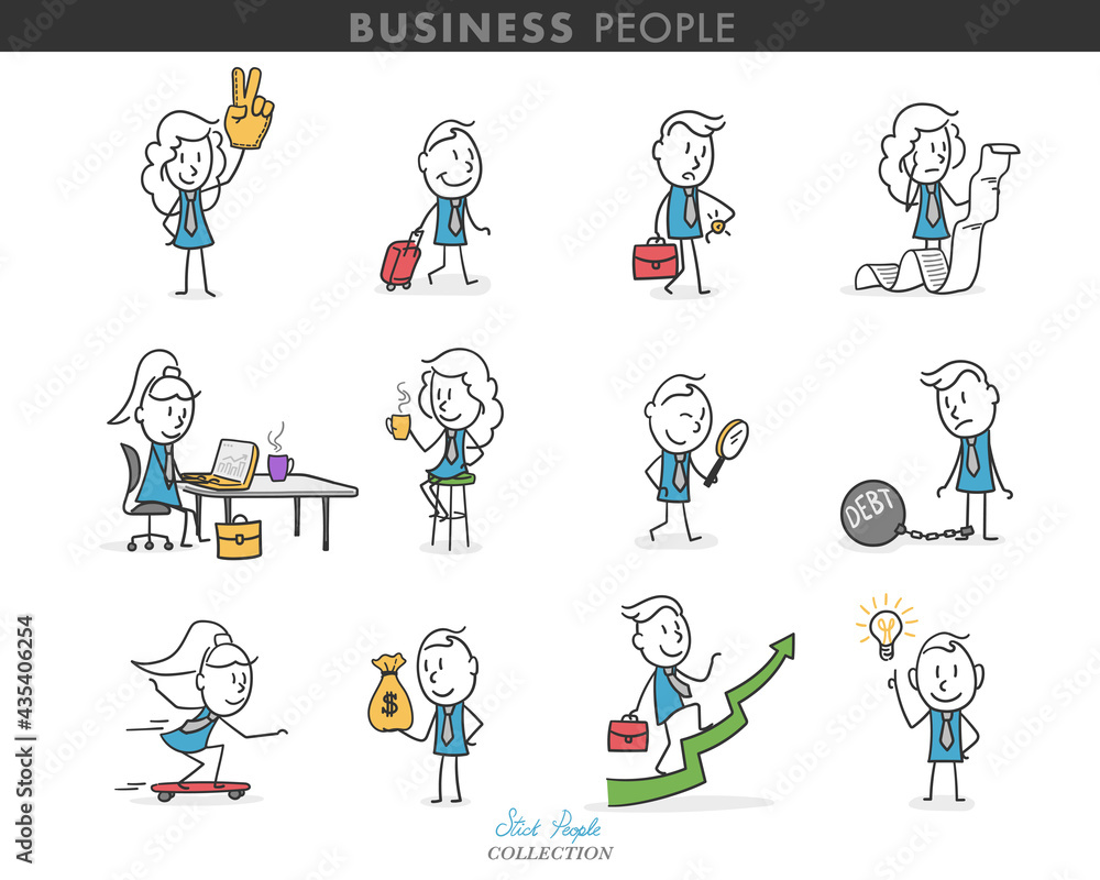Collection of stick business people in different poses. Stick people playing different roles in their jobs Collection of stick business people in different poses. Stick people playing different roles in their jobs